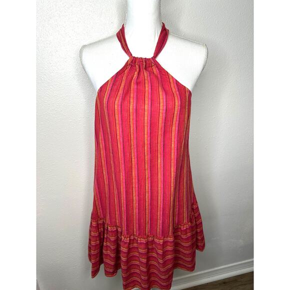 BCBG Generation Halter Mini Dress XS Pink Striped Sleeveless Flowy Ruffle Hem - Picture 1 of 16